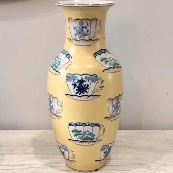 Vintage Large 12.5” HAND PAINTED Teacup Yellow VASE ORIENTAL ACCENTS Chinoiserie - Picture 6 of 11
